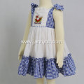 Fashion blue-white check  poplin fabric embroidered dress